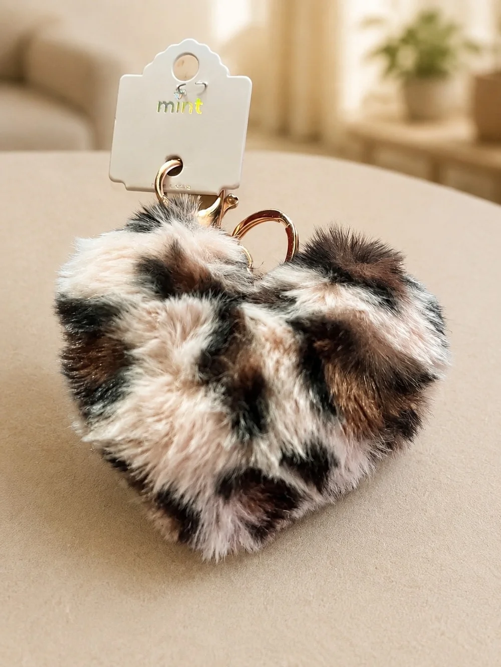 Mint Faux Fur Heart Keychain with Rose Gold Hardware - Brown, Black, Cream
